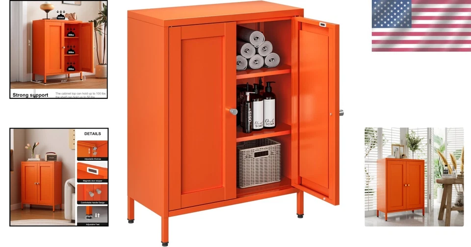 Bathroom Storage Cabinet Metal Sideboard with 2 Doors Adjustable Shelves Orange Foto 2 de 4