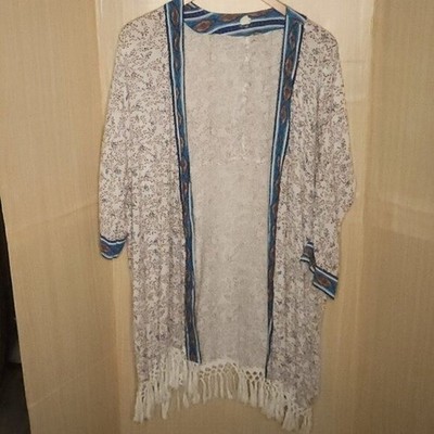 Roxy Womens White Floral Fringe Flowy Open Kimono Small
