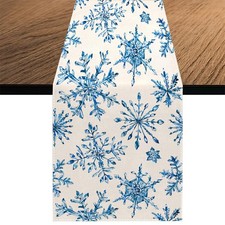 Christmas Snowflake Table Runner, Seasonal Xmas Blue Snow Winter Holiday Kitc...