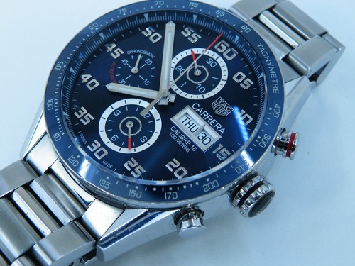 TAG Heuer Carrera Cal 16 Blue Dial Chronograph Auto 7" WATCH CV2A1V Day Date