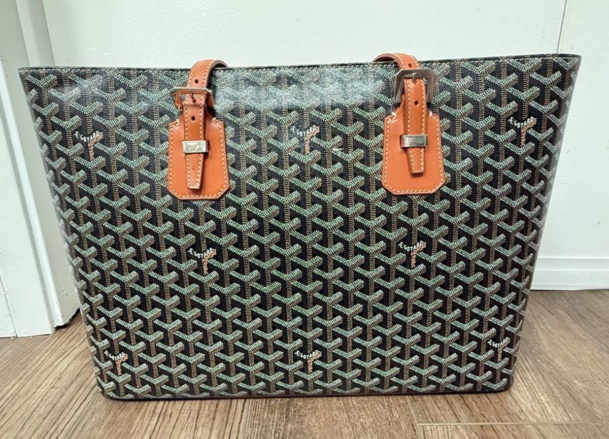 Goyard Goyardine Sac Marie Galante GM Black Tan Canvas Shoulder