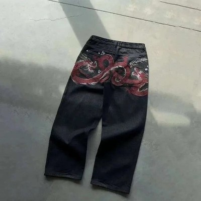 Herren Baggy Jeans Stickerei Drache Harajuku Y2K Streetwear Denim Schwarz Vintage Weite