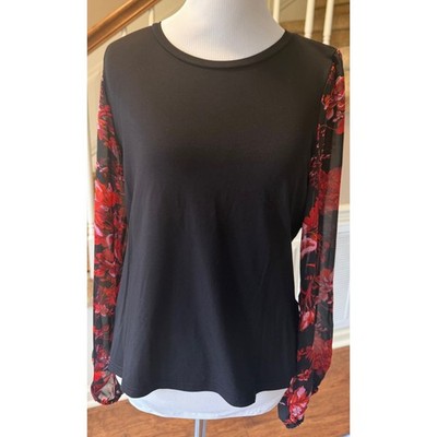 Philosophy Republic Petite Black Top Red Floral Sheer Mesh Long Sleeve PL