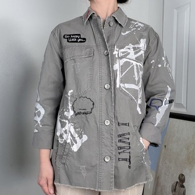 Zara Basic Graphic Jacket XS Gray Distressed Art Button Up Shirt Coat