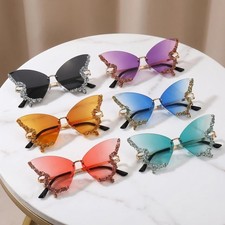 Glitter Butterfly Sunglasses Blue Rimless Oversized Crystal Fashion Shades