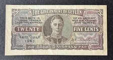 CEYLON 25 CENTS BANKNOTE 14-7-1942 P44a