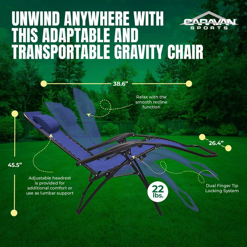 Caravan Sports нулевой гравитации складной кемпинг патио шезлонг стул, синий (открытая коробка) - Изображение 3 из 4