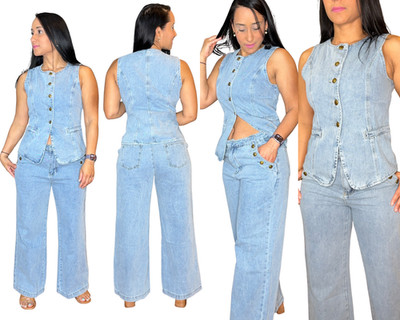 Premium Denim 2-Piece Set - High Waisted Long Jeans & Button Vest - High Stretch