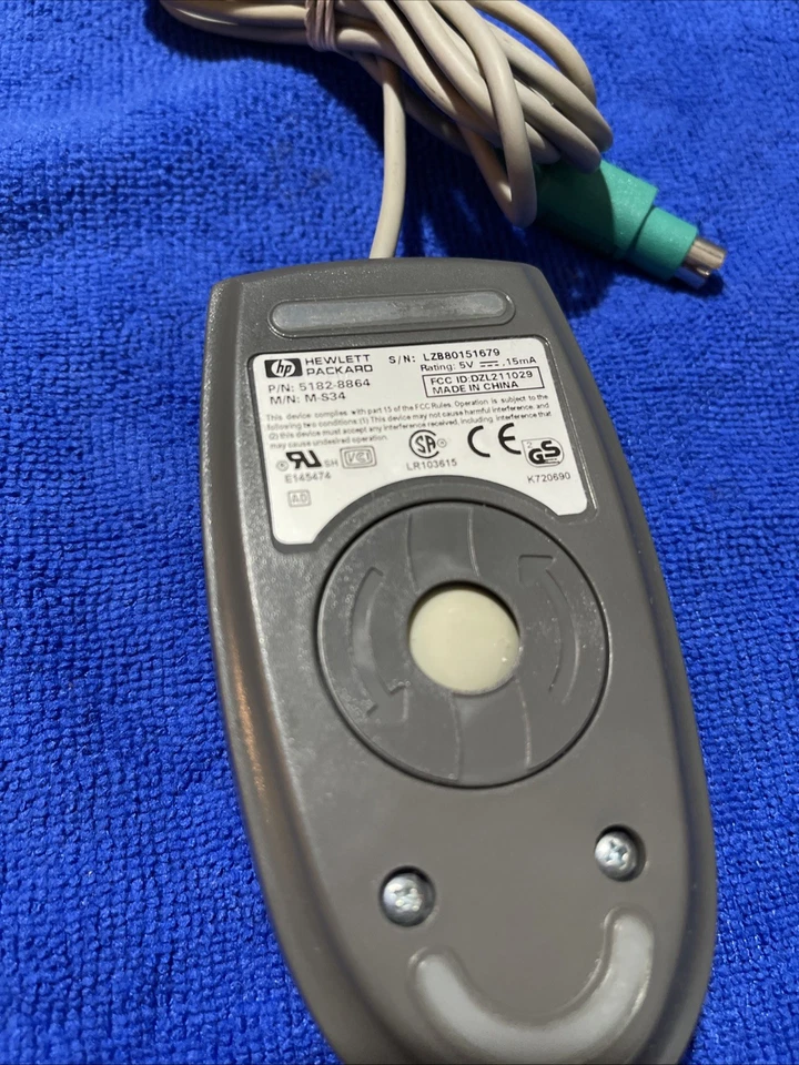 Vtg EUC HP 2-Button Wired PC Mouse 6-Pin mini-DIN PS/2 Connector M-S34 5182-8864 - Image 2 of 3