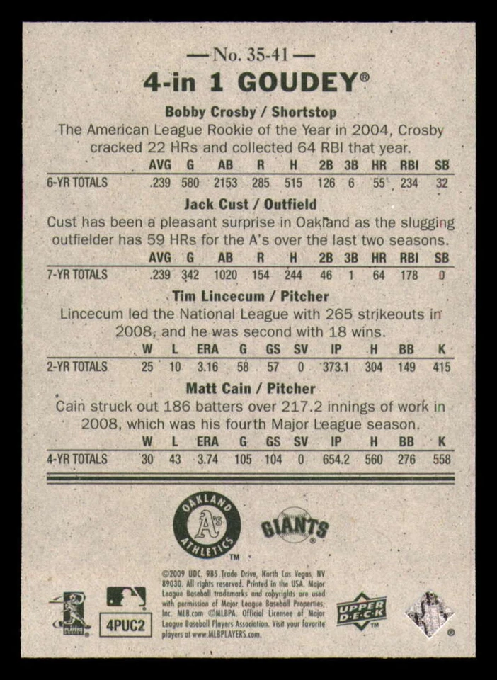UD Goudey 2009 4 en 1 azul y verde #41 Bobby Crosby-Jack Cust-Tim Lincecum-Matt Foto 4 de 4
