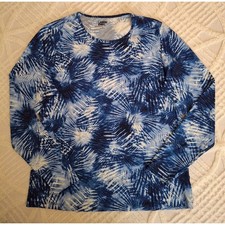 Lands' End Womens Large L 14-16 Rash Guard Blue White Tropical Long Sleeve Shirt