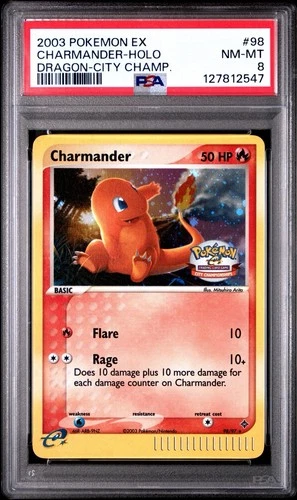 2003 POKEMON EX DRAGON #98 CHARMANDER-HOLO DRAGON-CITY CHAMP. PSA 8