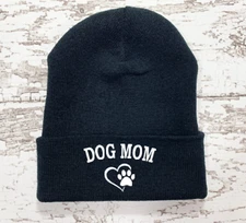 Dog Mom, Black Beanie Winter Cuffed Hat