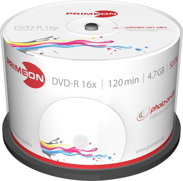 200 Primeon Rohlinge DVD-R Full Printable Photo On Disc 4,7GB 16X Spindel-image