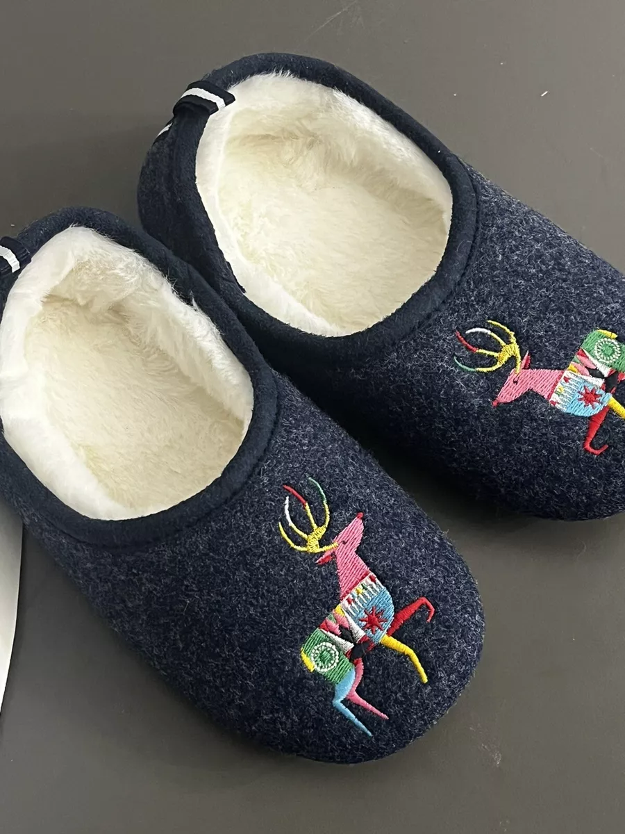Joules Christmas Felt Fur Navy Blue Reindeer Slippers Size 10 11