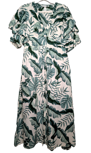 H&M Johanna Ortiz White Green Palm Leaf Print Linen Blend Cottage Midi Dress MD - Imagen 2 de 15