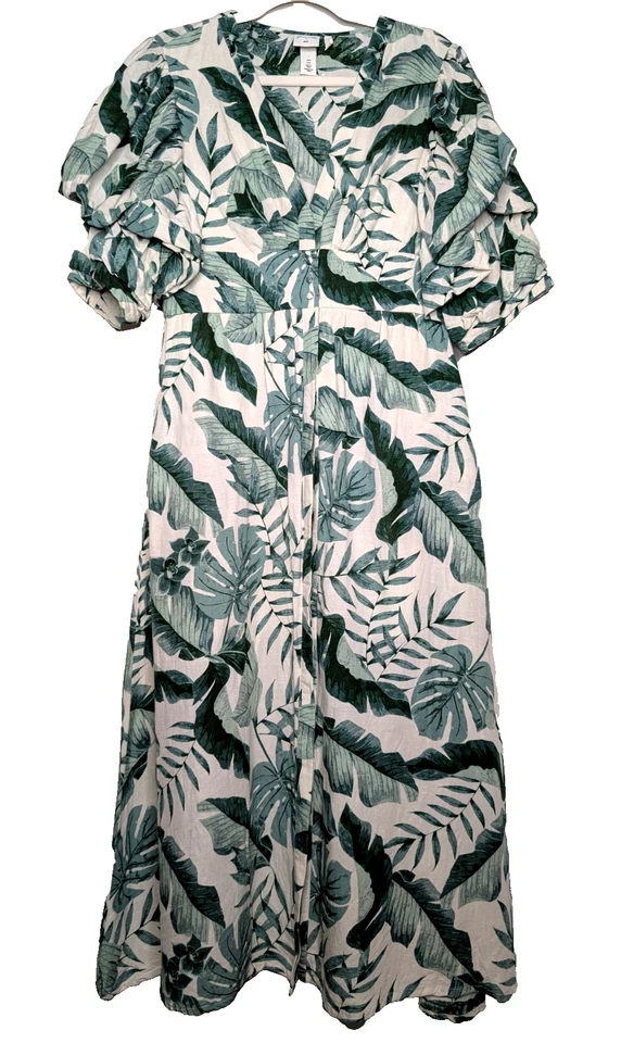 Vestido H&M Johanna Ortiz Blanco Verde Estampado Hoja de Palma Mezcla de Lino Cottage Midi MD Foto 2 de 4