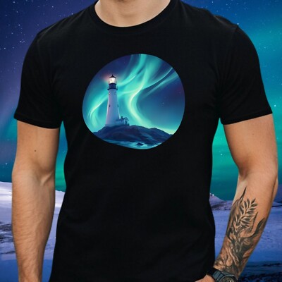 Mens Lighthouse Northern Lights Print Cotton T-Shirt Size XS to 5XL