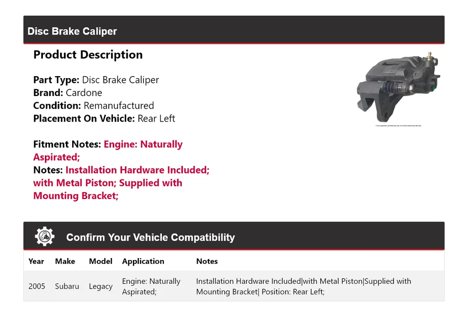 Pinza de freno de disco trasera izquierda Cardone Subaru Legacy Naturally Aspirated 2005 Foto 2 de 4