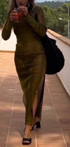 Amy Lynn Meghan Maxi Dress Gold Jewelled Mesh Dress Beach Ibiza Size M-L UK 10 - Picture 2 of 6