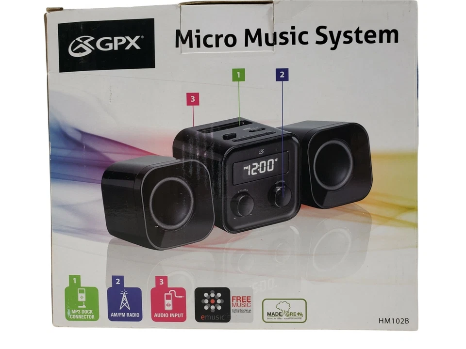 GPX Micro Music System MP3 Dock Connector Am/Fm Radio HM102B Audio Input EMusic - Image 3 of 4