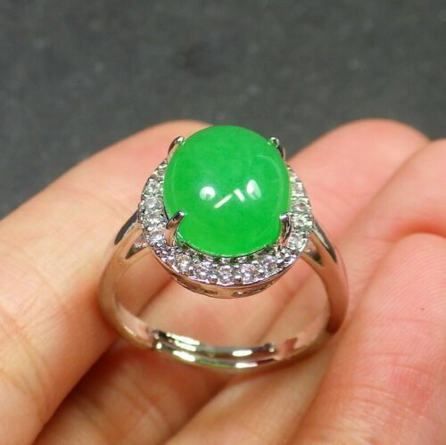 Real Green Jade Cabochon Cubic Zirconia White Gold Plated Adjustable Size Ring - Picture 1 of 5