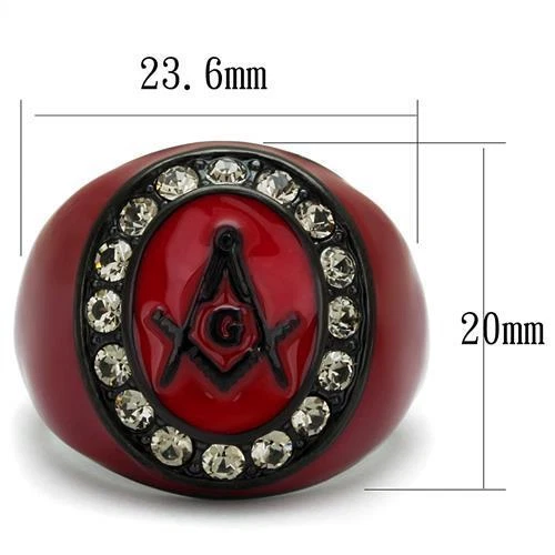 Anillo masónico rojo para hombre - acero inoxidable con baño de rutenio y acento de cristal Foto 2 de 4