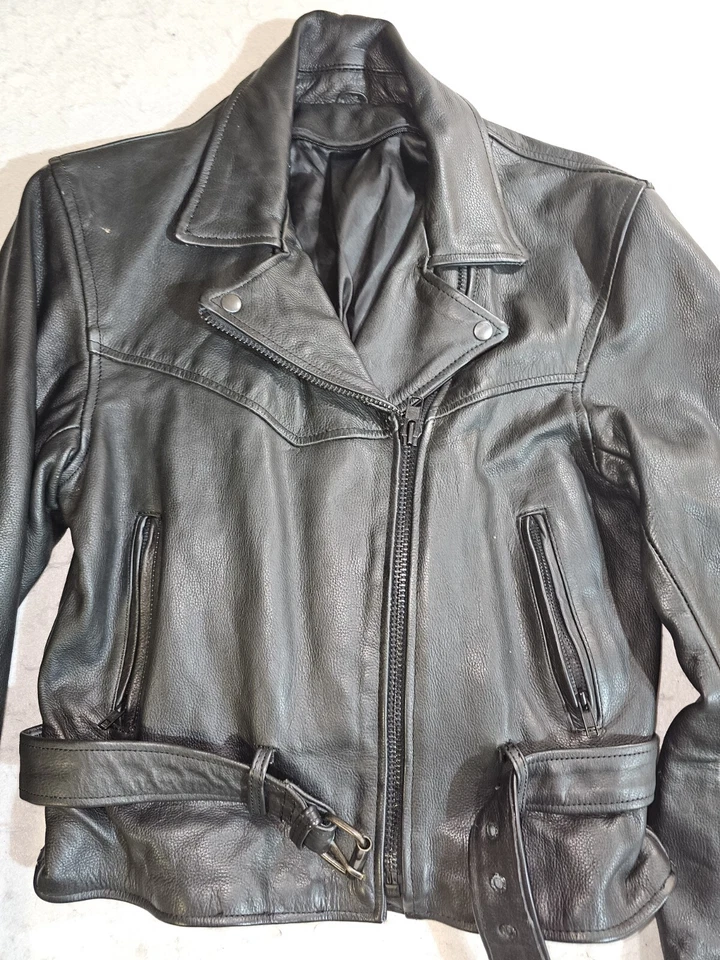 Chaqueta de cuero vintage para motocicleta cremallera completa con cinturón peso pesado años 90 para mujer talla mediana” Foto 4 de 4