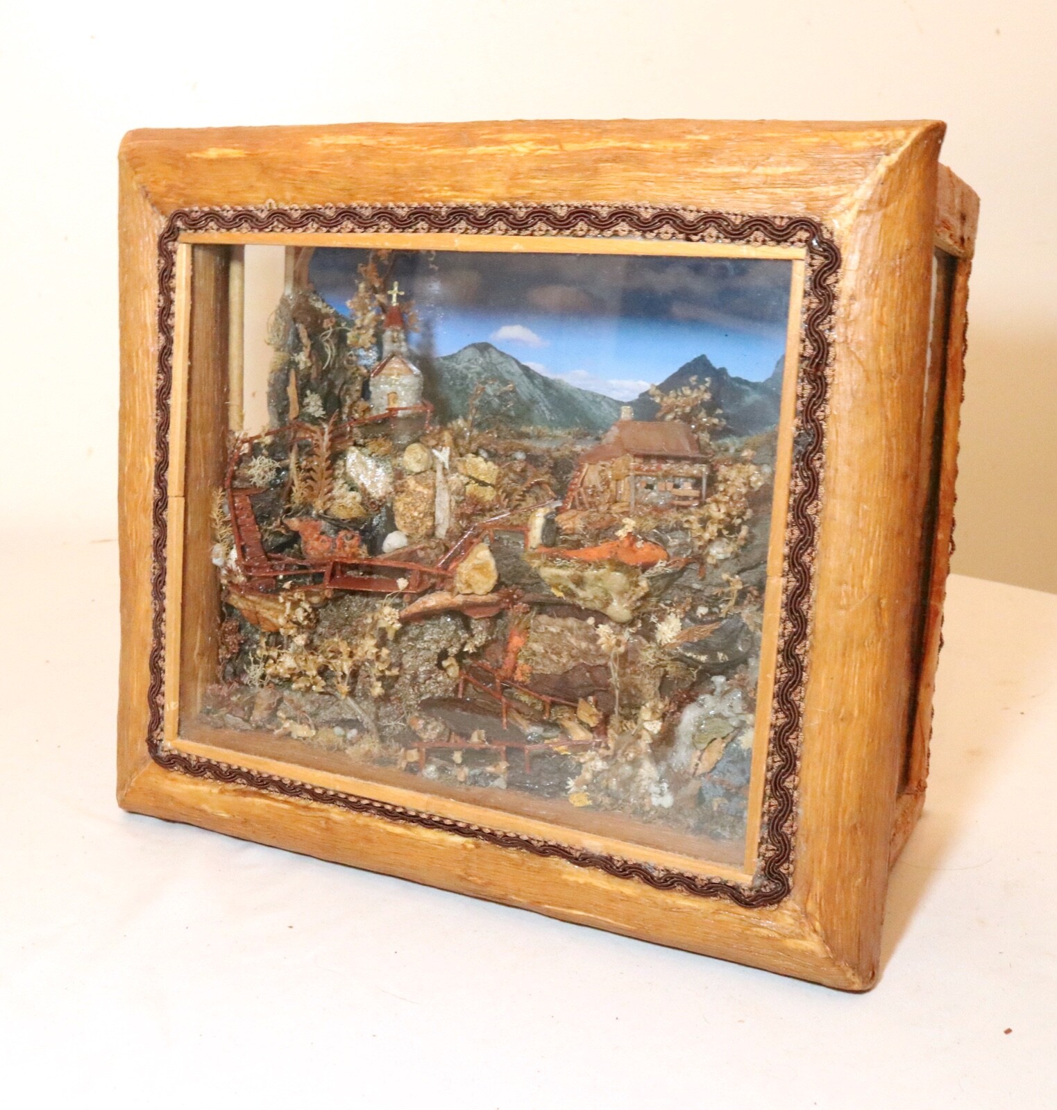vintage handmade original shadowbox diorama Folk Art church landscape