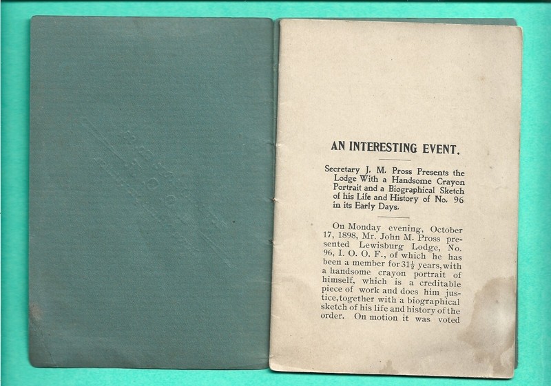 I.O.O.F No. 96 Meeting 1898 Odd Fellows Booklet Lewisburg, PA Union Co Lodge
