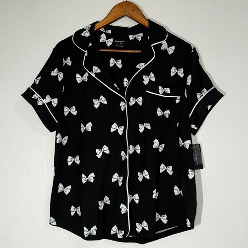 NEW Kate Spade NY Pajama Top Jersey Bow Black White Shirt Sleeve Loungewear sz L