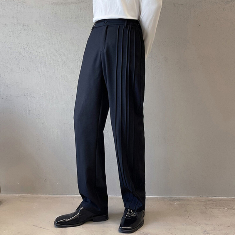 Men Asymmetric Dress Pleated Pants Elastic Waist Trouser Straight Leg Loose Long Men Asymmetric Dress Pleated Pants Elastic Waist Trouser Straight Leg Loose Long