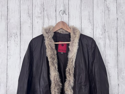 World By Patricia Leather Coat Brown Size 46 Goat Skin Faux Fur Trims Lined - Picture 4 of 12