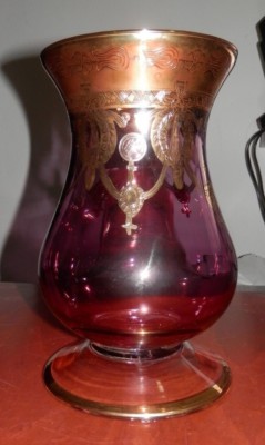 SC Line Italy Gold Encrusted Hurricane Bouquet Vase Red Crystal