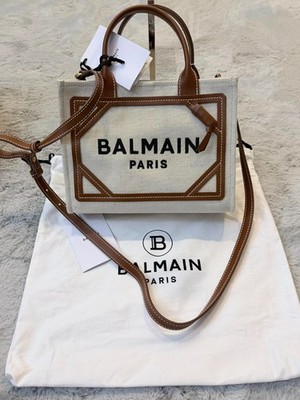 Authentic Balmain B-Army Canvas Tote Bag Brown Leather Trim Crossbody