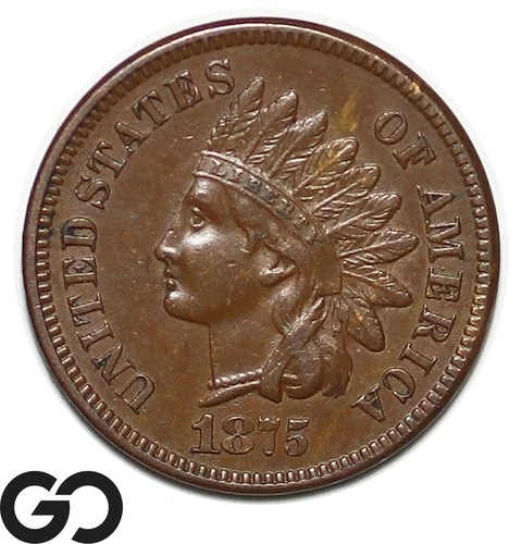 1875 Indian Head Cent Penny, Choice AU+ Tougher Date