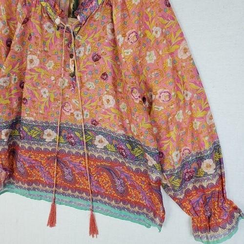 Aratta Watercolor Dreams Blouse Floral Bohemian Peasant Tassels size S Relaxed - Picture 4 of 16
