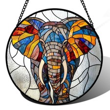 Stained Glass Window Hanging, Colorful Elephant Sun Catcher for Door Home Dec...