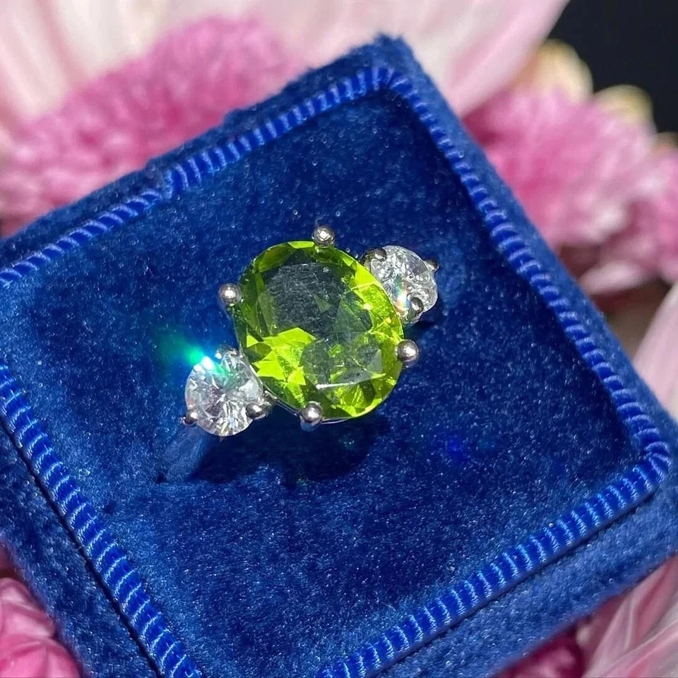 Oval Cut 4.50 Ct Natural Peridot & Diamond Wedding Ring 18K Real White Gold 6 7 - Image 3 of 4