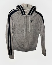 Victoria s Secret Gray Hoodie Jacket Pink Line Black Silver Shimmer Trim Size XS