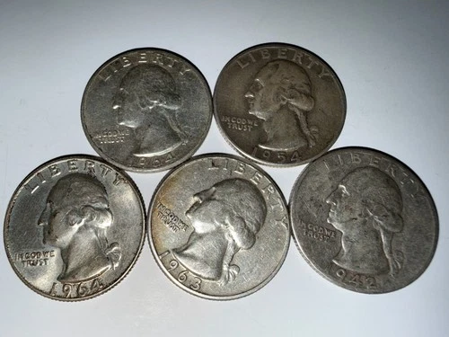 Washington Quarters 90% Silver (Lot Of 5) 1942/1954/1963/1964/1964 Ungraded Fine