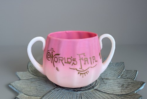 RARE New England Libby Peachblow Glass Worlds Fair 1893 Souvenir Handled Sugar