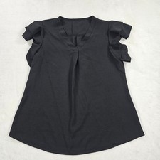 Womens Black Flutter Sleeve V-Neck Pleated Blouse Size Medium Ruffle Top