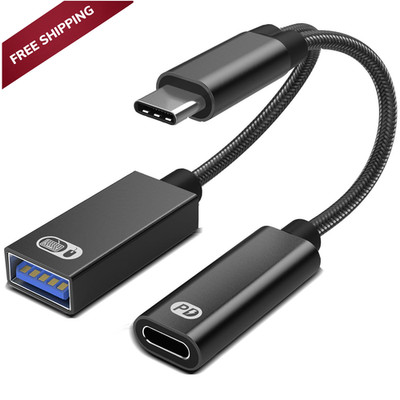AKWOR USB C to OTG Adapter, 2 in 1 C Splitter with PD-in 60W Black