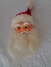 VINTAGE RUBBER FACE SANTA CLAUS HEAD CHRISTMAS ORNAMENT FUZZY HAT BEARD 8x3"