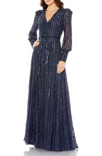 Mac Duggal 93679 BEADED LACE LONG SLEEVE WRAP OVER GOWN Sz 12 Midnight