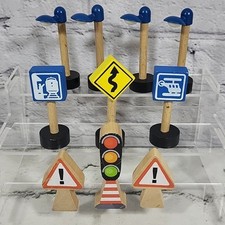 Wooden Train Railroad Accessories Lot Traffic Signs Street Lamps Signal Caution