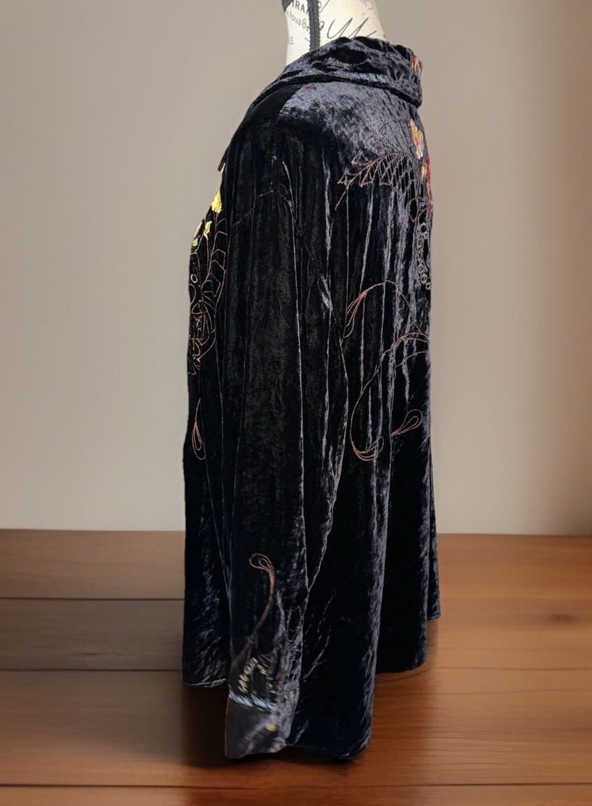 Johnny Was 1X 1XL Black Velvet Button Up Shirt Top Embroidered Long Sleeve NWT