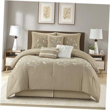7 Piece Comforter Set Size Chain Stiching Embroidery Bedding, All Queen Taupe