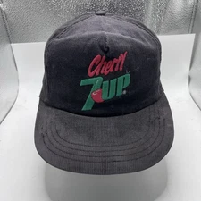 Cherry 7-Up Vintage 80s Black Corduroy Adjustable Strap Back Hat USA Made Soda